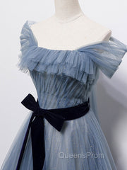 Blue Tulle Off Shoulder Sequin Long Evening Prom Dress Blue Evening Dress