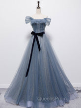 Blue Tulle Off Shoulder Sequin Long Evening Prom Dress Blue Evening Dress