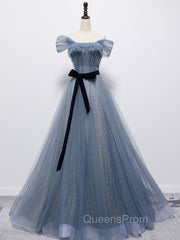 Blue Tulle Off Shoulder Sequin Long Evening Prom Dress Blue Evening Dress