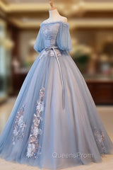Blue Tulle Off Shoulder with Lace Floral Long Party Dress, Cute Party Dress Evening Prom Dress