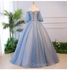 Blue Tulle Off Shoulder with Lace Floral Long Party Dress, Cute Party Dress Evening Prom Dress