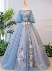 Blue Tulle Off Shoulder with Lace Floral Long Party Dress, Cute Party Dress Evening Prom Dress