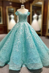 Blue Tulle Off the Shoulder Appliques Evening Prom Dress