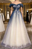 Blue Tulle Off the Shoulder Beading Pleats Evening Prom Dress