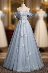Blue Tulle Off the Shoulder Flower Pearls Evening Prom Dress