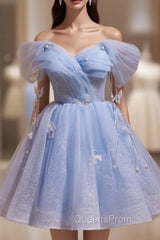 Blue Tulle Off the Shoulder Homecoming Dress