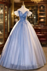 Blue Tulle Off the Shoulder Pleats Appliques Quinceanera Dress