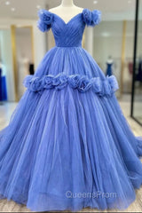 Blue Tulle Off the Shoulder Pleats Flower Evening Prom Dress