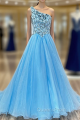 Blue Tulle One Shoulder Sequins Crystal Evening Prom Dress