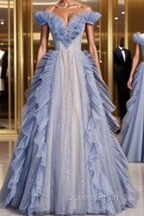 Blue Tulle Pleats Beading Evening Prom Dress