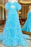 Blue Tulle Puff Sleeve Evening Prom Dress