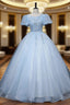 Blue Tulle Puff Sleeve Sequins Quinceanera Dress