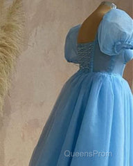 Blue Tulle Puffy Sleeve Midi Dress