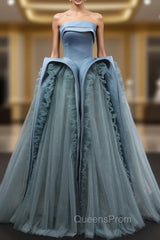 Blue Tulle Satin Strapless Evening Prom Dress