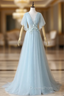 Blue Tulle See Through Neck Appliques Pleats Evening Prom Dress