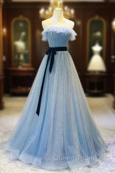 Blue Tulle Sequin Long Evening Prom Dress A Line Tulle Blue Evening Dress