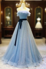 Blue Tulle Sequin Long Evening Prom Dress A Line Tulle Blue Evening Dress