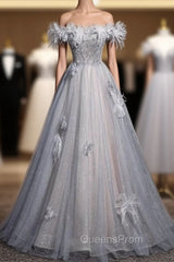 Blue Tulle Sequins Beading Flower Evening Prom Dress