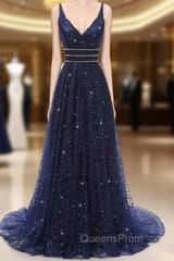 Blue Tulle Sequins Bling Bling V-neck Long Evening Prom Party Dress