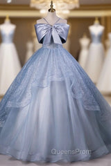 Blue Tulle Sequins Bow Quinceanera Dress