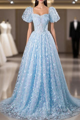 Blue Tulle Sequins Butterfly Short Sleeve Evening Prom Dress