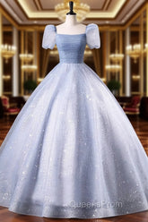 Blue Tulle Sequins Floor Length Evening Prom Dress, Elegant Short Sleeve Evening Party Dress