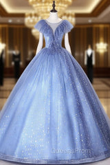 Blue Tulle Sequins Illusion V-neck Quinceanera Dress