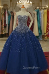 Blue Tulle Sequins Long Ball Gown Evening Dress, Sparkle Blue Quinceanera Dress