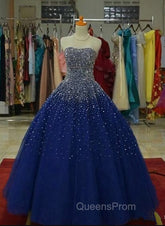 Blue Tulle Sequins Long Ball Gown Evening Dress, Sparkle Blue Quinceanera Dress