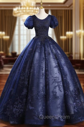 Blue Tulle Sequins Long Evening Dress, A-Line Short Sleeve Evening Party Dress