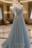 Blue Tulle Sequins Long Evening Prom Dress, A-Line Scoop Neckline Party Dress