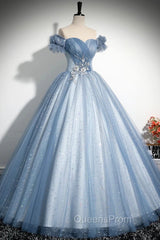 Blue Tulle Sequins Long Evening Prom Dress, Beautiful A-Line Evening Party Dress