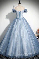 Blue Tulle Sequins Long Evening Prom Dress, Beautiful A-Line Evening Party Dress