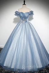 Blue Tulle Sequins Long Evening Prom Dress, Beautiful A-Line Evening Party Dress