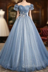 Blue Tulle Sequins Long Evening Prom Dress, Beautiful A-Line Evening Party Dress