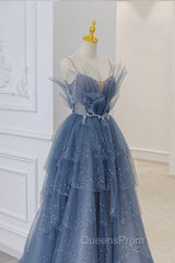 Blue Tulle Sequins Long Evening Prom Gown, Blue Spaghetti Straps Evening Dress