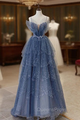 Blue Tulle Sequins Long Evening Prom Gown, Blue Spaghetti Straps Evening Dress
