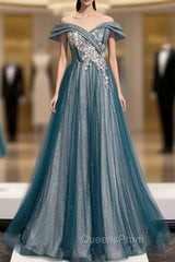 Blue Tulle Sequins Off the Shoulder Appliques Evening Prom Dress