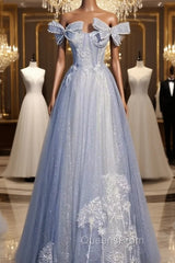Blue Tulle Sequins Off the Shoulder Bow Pearls Evening Prom Dress