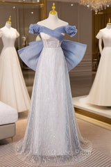 Blue Tulle Sequins Off the Shoulder Bow Evening Prom Dress