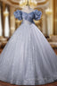 Blue Tulle Sequins Off the Shoulder Bow Quinceanera Dress
