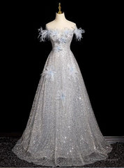 Blue Tulle Sequins Off the Shoulder Flower Prom Dress