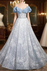 Blue Tulle Sequins Off the Shoulder Pearls Evening Prom Dress