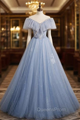Blue Tulle Sequins Off the Shoulder Pearls Evening Prom Dress