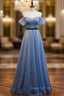 Blue Tulle Sequins Pearls Pleats Evening Prom Dress