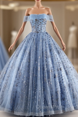 Blue Tulle Sequins Pearls Quinceanera Dress