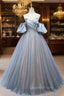 Blue Tulle Sequins Pearls Strapless Evening Prom Dress