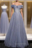 Blue Tulle Sequins Pleats Beading Evening Prom Dress