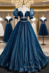 Blue Tulle Sequins Pleats Puff Sleeve Evening Prom Dress
