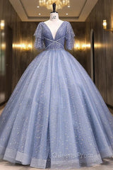 Blue Tulle Sequins Pleats V-neck Quinceanera Dress